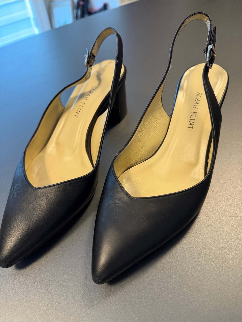 Sarah Flint Black Pointed Leather Slingback Pumps